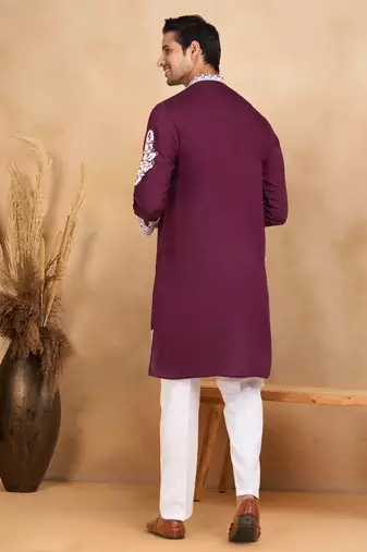Ethnic embroidered mandarin collor cotton silk wine kurta with trouser