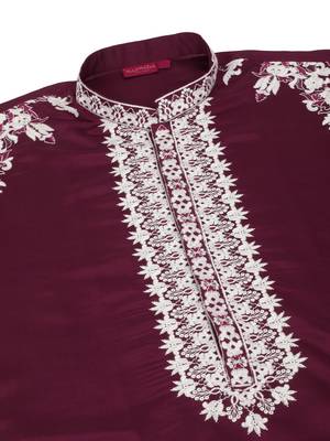 Ethnic embroidered mandarin collor cotton silk wine kurta with trouser 4