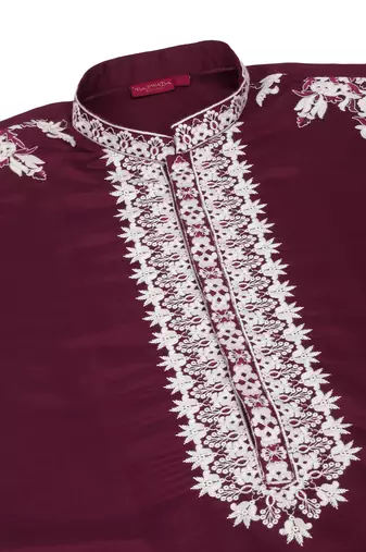 Ethnic embroidered mandarin collor cotton silk wine kurta with trouser