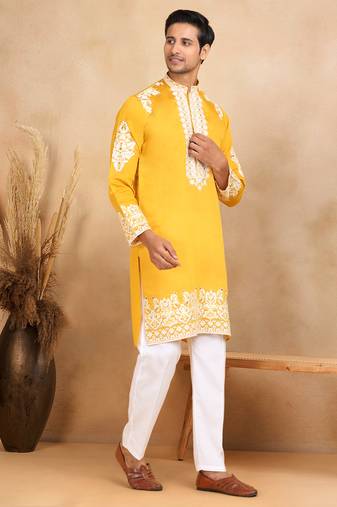 Ethnic embroidered mandarin collor cotton silk mustard kurta with trouser