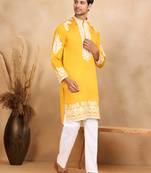 Ethnic embroidered mandarin collor cotton silk mustard kurta with trouser