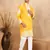 Ethnic embroidered mandarin collor cotton silk mustard kurta with trouser