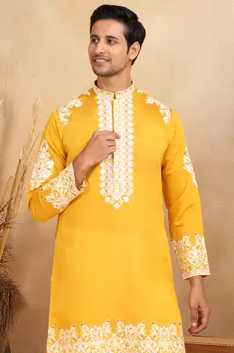 Ethnic embroidered mandarin collor cotton silk mustard kurta with trouser