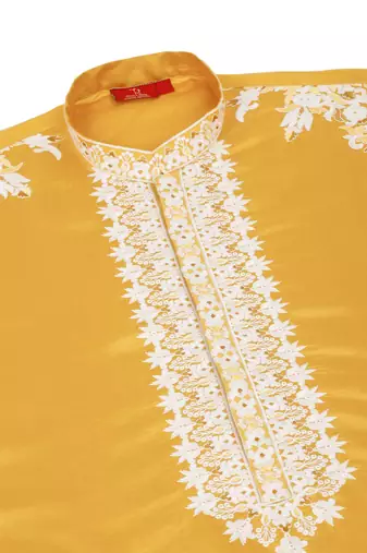 Ethnic embroidered mandarin collor cotton silk mustard kurta with trouser
