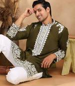 Ethnic embroidered mandarin collor cotton silk green kurta with trouser