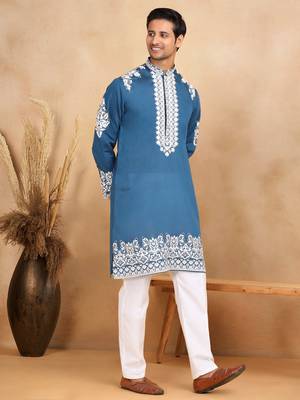 Ethnic embroidered mandarin collor cotton silk blue kurta with trouser 1
