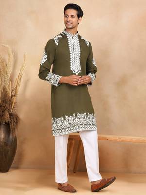 Ethnic embroidered mandarin collor cotton silk green kurta with trouser 2