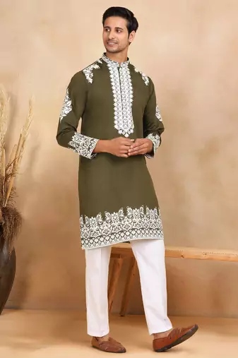 Ethnic embroidered mandarin collor cotton silk green kurta with trouser