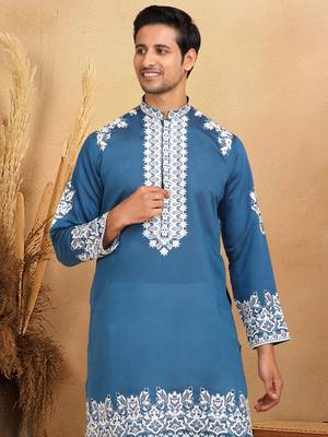 Ethnic embroidered mandarin collor cotton silk blue kurta with trouser 2