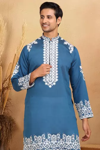 Ethnic embroidered mandarin collor cotton silk blue kurta with trouser