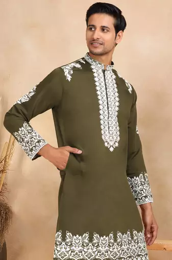 Ethnic embroidered mandarin collor cotton silk green kurta with trouser