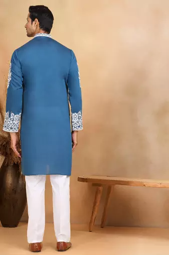 Ethnic embroidered mandarin collor cotton silk blue kurta with trouser