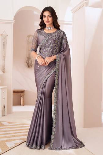 Georgette satin lilac embroidered saree