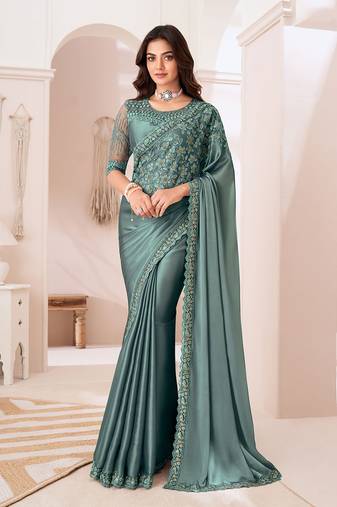 Georgette satin teal embroidered saree