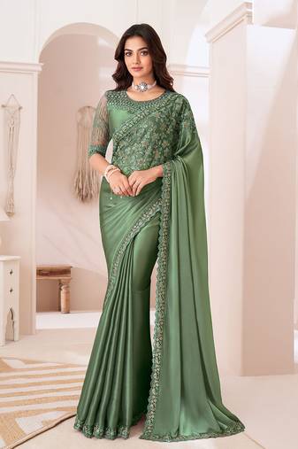 Georgette satin green embroidered saree