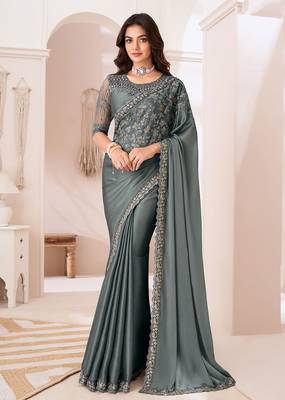 Georgette satin grey embroidered saree 1