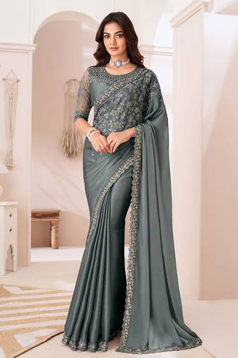 Georgette satin grey embroidered saree