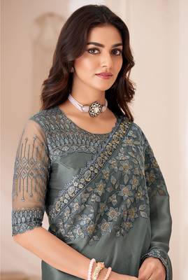 Georgette satin grey embroidered saree 2