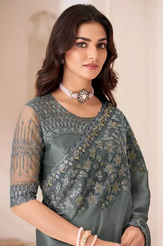 Georgette satin grey embroidered saree