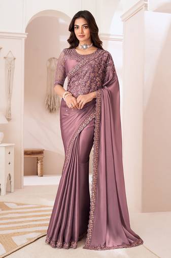 Georgette satin onion pink embroidered saree