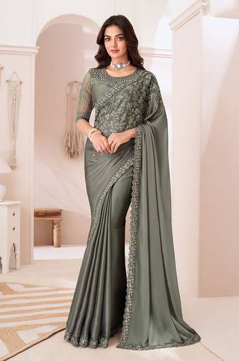 Georgette satin silver embroidered saree