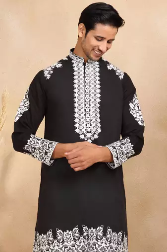 Ethnic embroidered mandarin collor cotton silk black kurta with trouser
