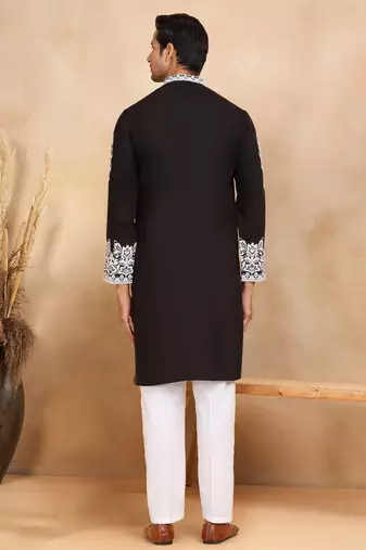Ethnic embroidered mandarin collor cotton silk black kurta with trouser
