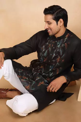 Floral embroidered mandarin collor cotton black kurta with trouser