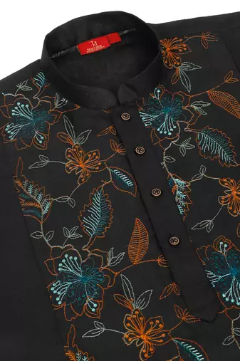 Floral embroidered mandarin collor cotton black kurta with trouser