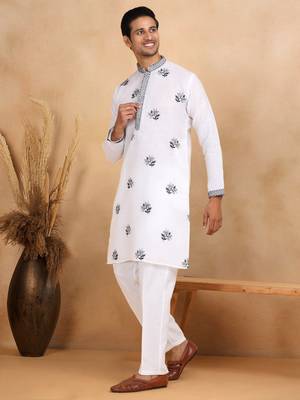 Mandarin collor embroidered cotton white kurta with trouser 1