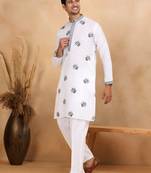 Mandarin collor embroidered cotton white kurta with trouser