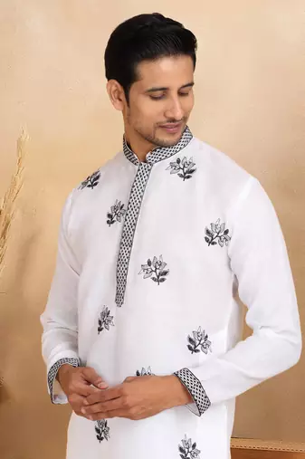 Mandarin collor embroidered cotton white kurta with trouser