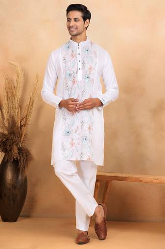Floral embroidered mandarin collor cotton white kurta with trouser