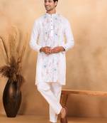 Floral embroidered mandarin collor cotton white kurta with trouser