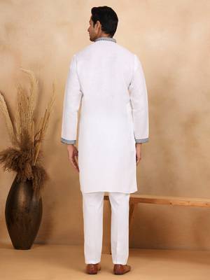 Mandarin collor embroidered cotton white kurta with trouser 3