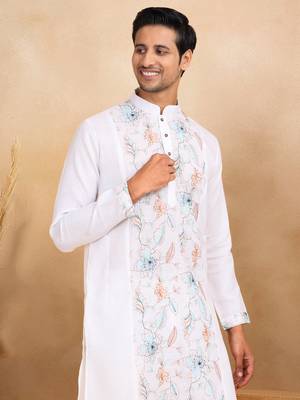 Floral embroidered mandarin collor cotton white kurta with trouser 2