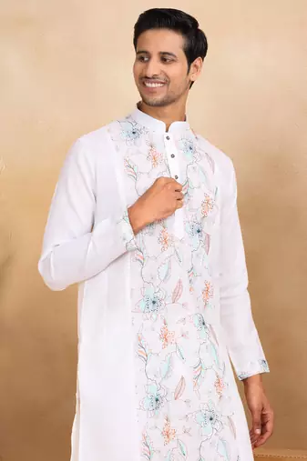 Floral embroidered mandarin collor cotton white kurta with trouser