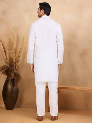 Floral embroidered mandarin collor cotton white kurta with trouser 3