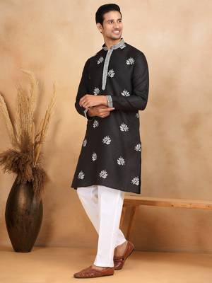 Mandarin collor embroidered cotton black kurta with trouser 1