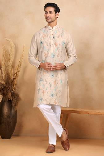Floral embroidered mandarin collor cotton beige kurta with trouser