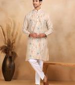 Floral embroidered mandarin collor cotton beige kurta with trouser