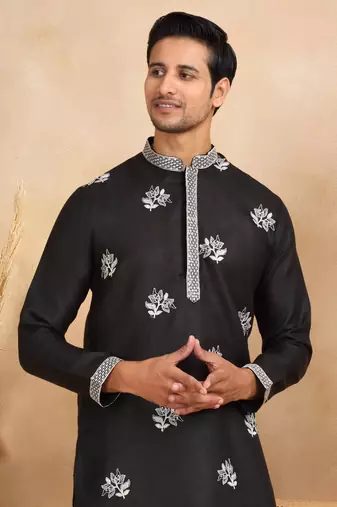 Mandarin collor embroidered cotton black kurta with trouser