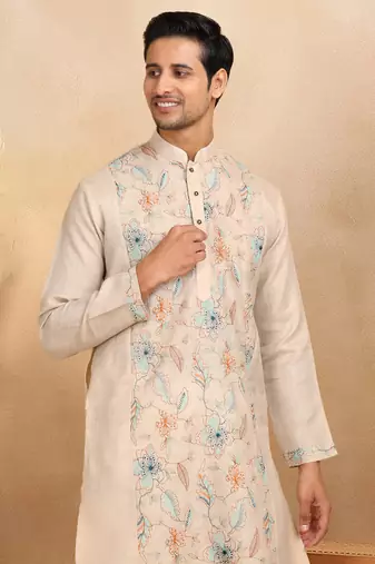 Floral embroidered mandarin collor cotton beige kurta with trouser