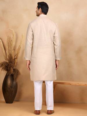 Floral embroidered mandarin collor cotton beige kurta with trouser 3