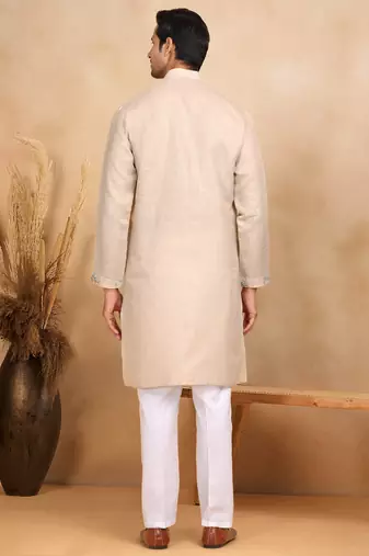 Floral embroidered mandarin collor cotton beige kurta with trouser