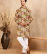 Men cotton silk mirror work yoke design beige kurta with salwar