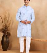 Mandarin collor embroidered cotton blue kurta with trouser