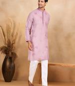 Mandarin collor embroidered cotton mauve kurta with trouser