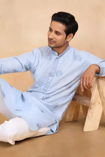 Mandarin collor embroidered cotton blue kurta with trouser