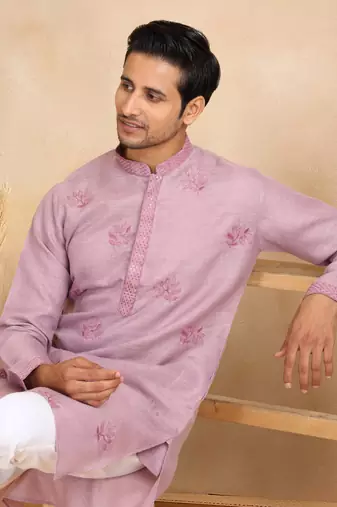 Mandarin collor embroidered cotton mauve kurta with trouser